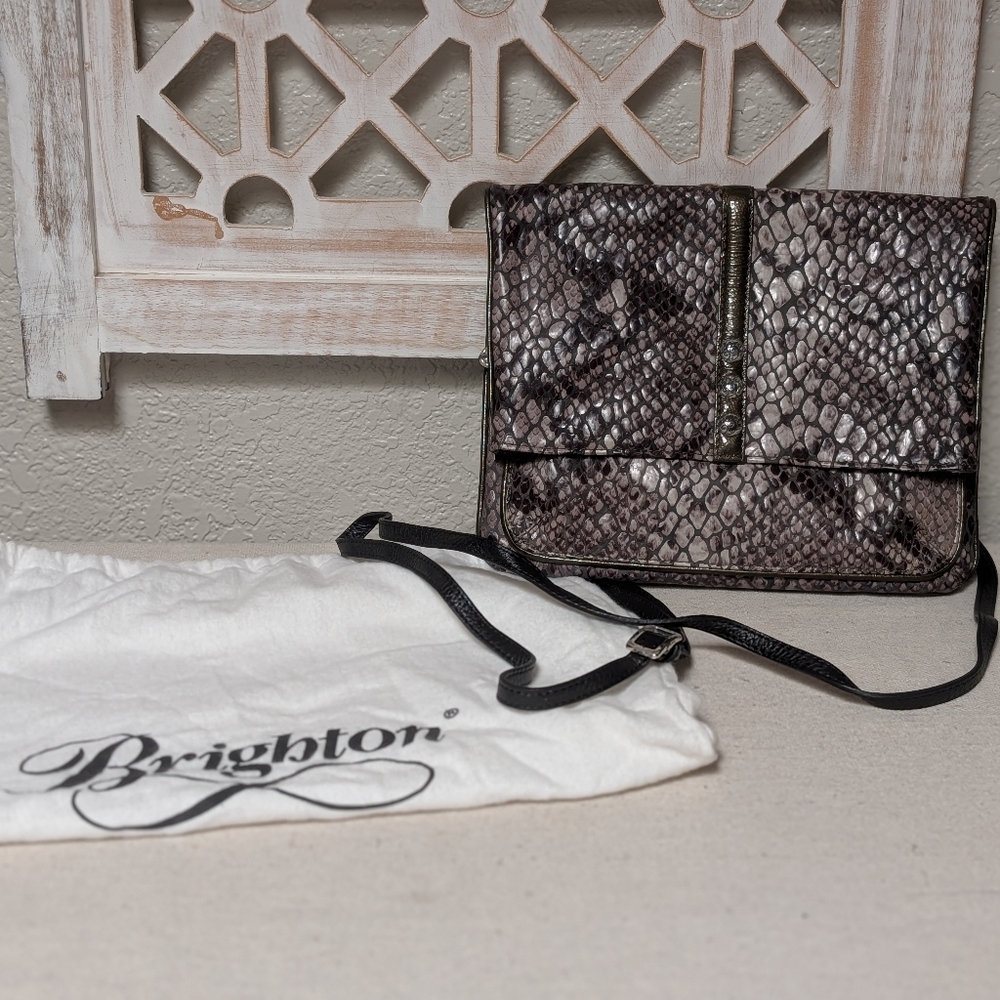 BRIGHTON Foldover Flap Studded Crossbody Leather Faux Snakeskin western designer